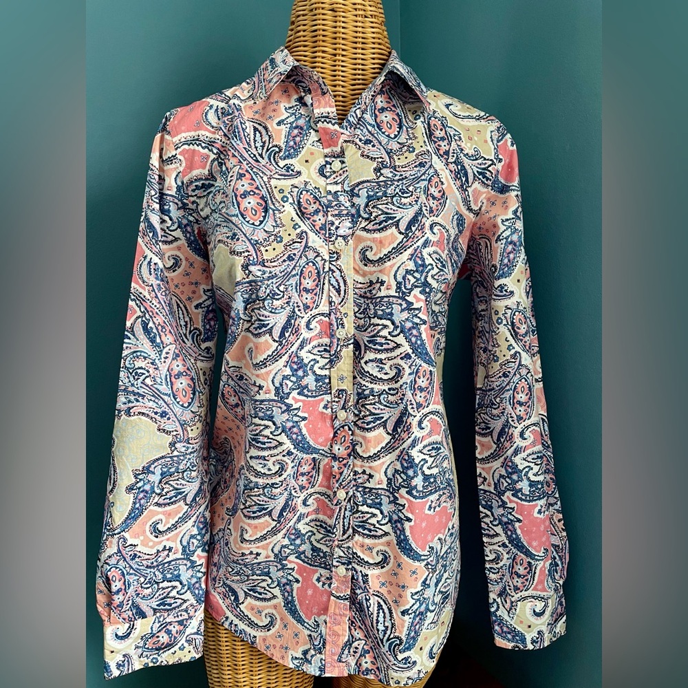 Charter Club Cotton Blouse Blue Pink Paisley Size 6 Relaxed Fit